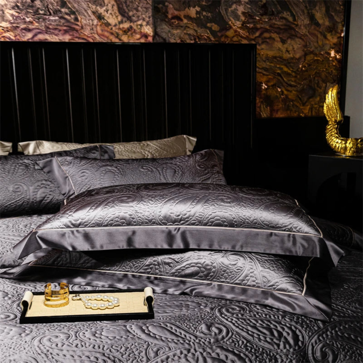 Dark grey satin jacquard duvet cover set with elegant paisley embossed pattern – quiet luxury bedding style