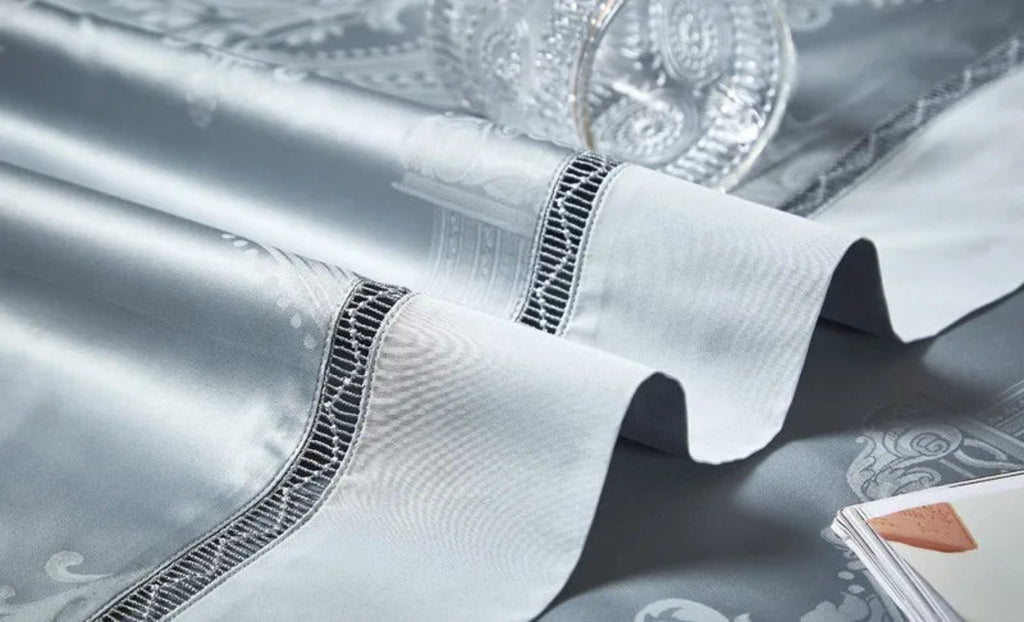 Sky blue duvet cover set with 1200TC Egyptian cotton satin and architectural design patterns