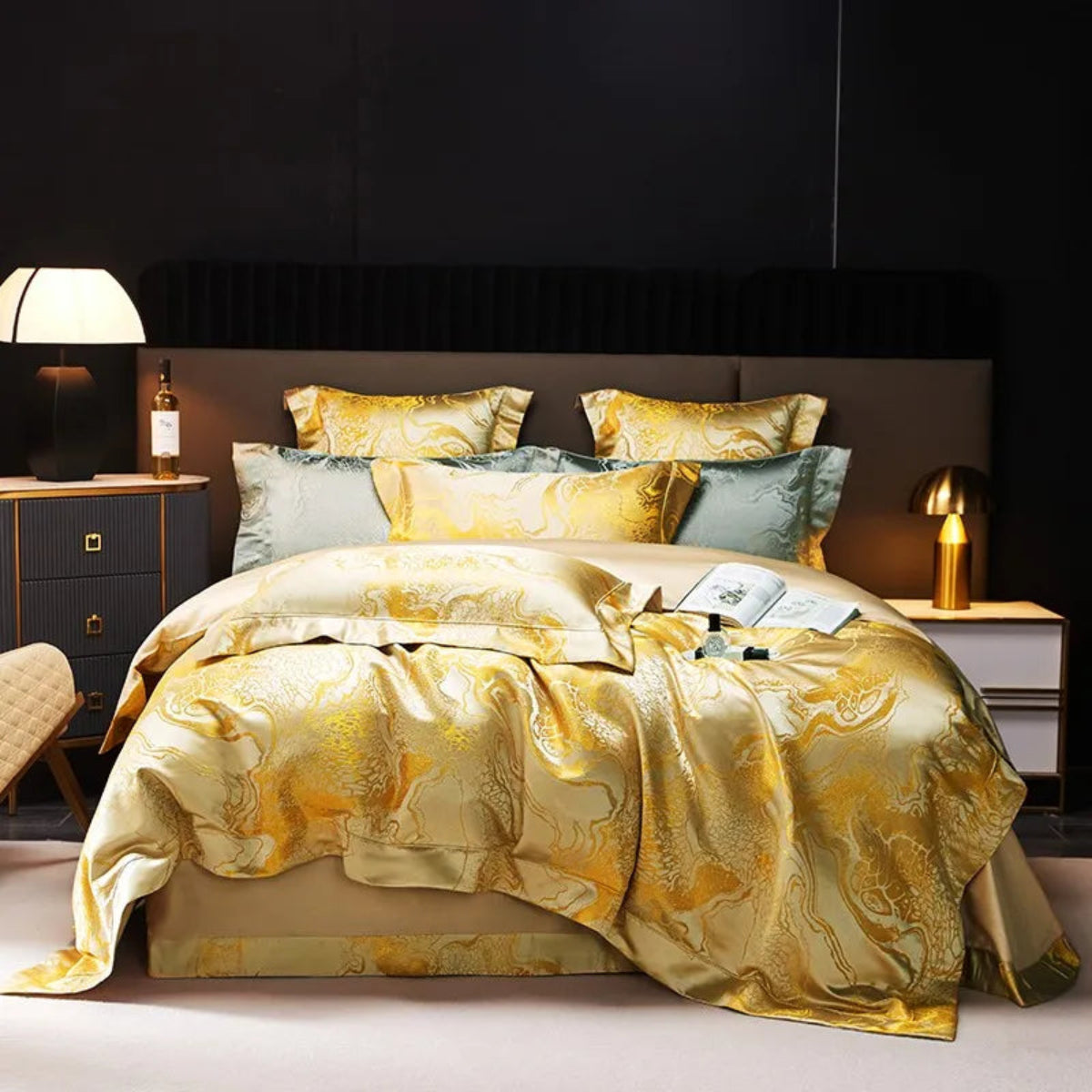 Premium gold bedding collection featuring traditional Oriental dragon artwork
