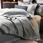 Premium silver-grey jacquard fabric bedding with traditional Oriental cloud and dragon pattern details