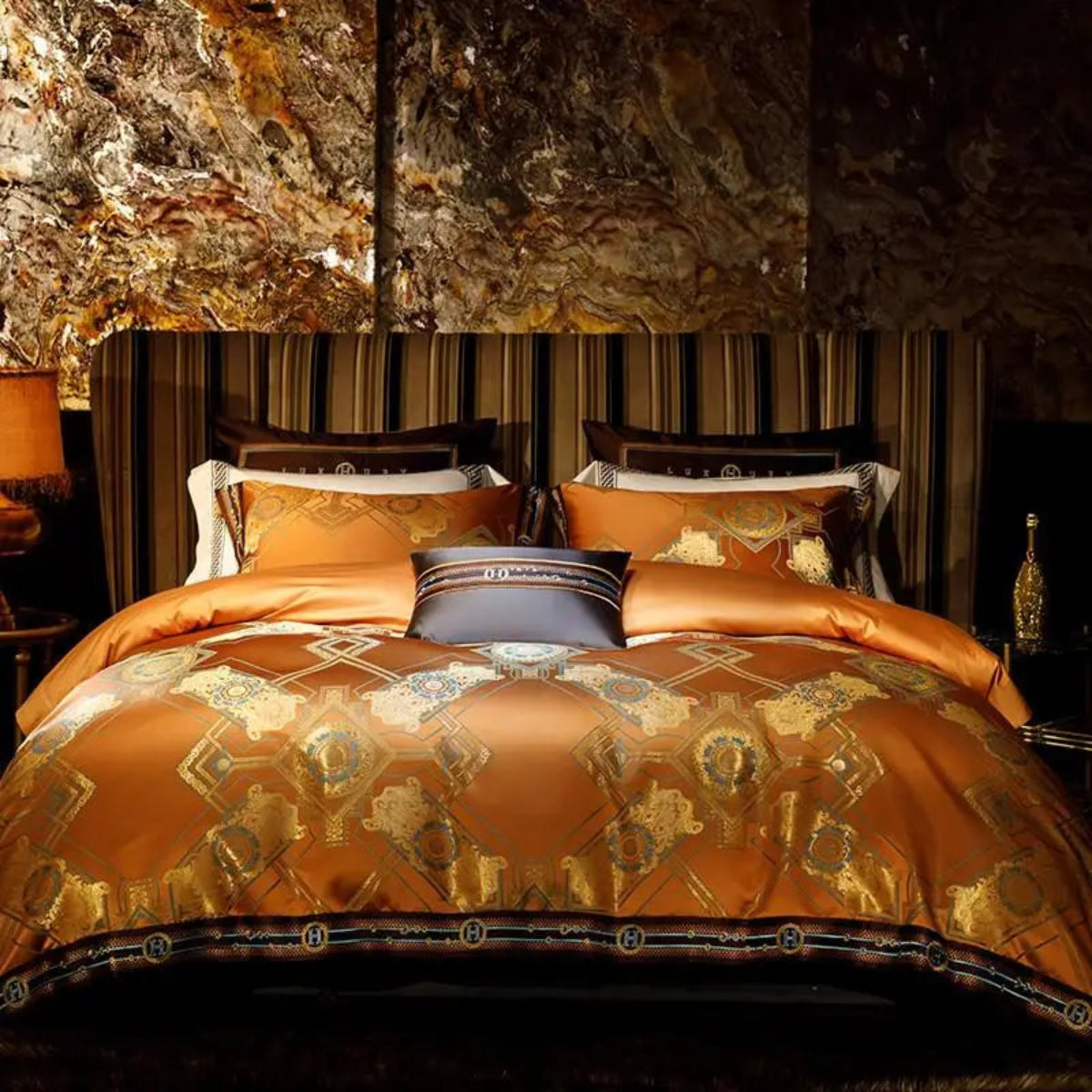 Royal baroque pattern duvet covers luxury cognac orange satin jacquard Egyptian cotton 4-piece ornate bedding