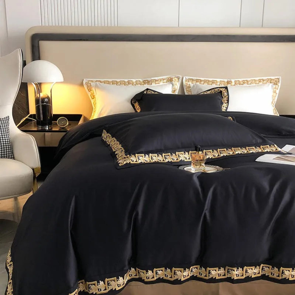 Modern bedroom featuring black & gold embroidered bedding, Egyptian cotton duvet cover set with leaf motif – LINKORI Blacklabel