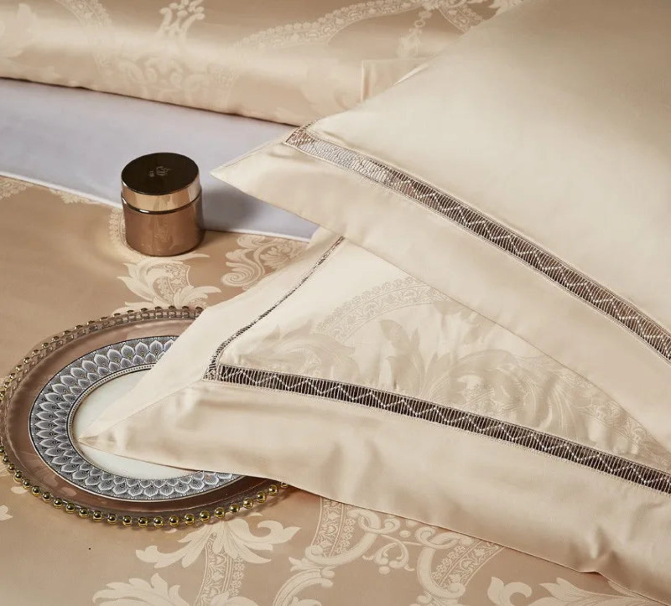 Designer damask jacquard duvet cover in warm gold cotton satin with European luxury bedroom design