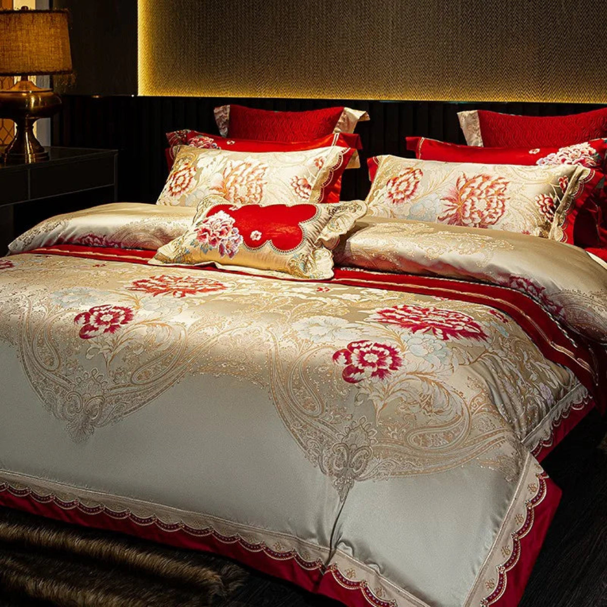 Premium 600 thread count satin bedding, ivory floral duvet cover for luxury romantic interiors