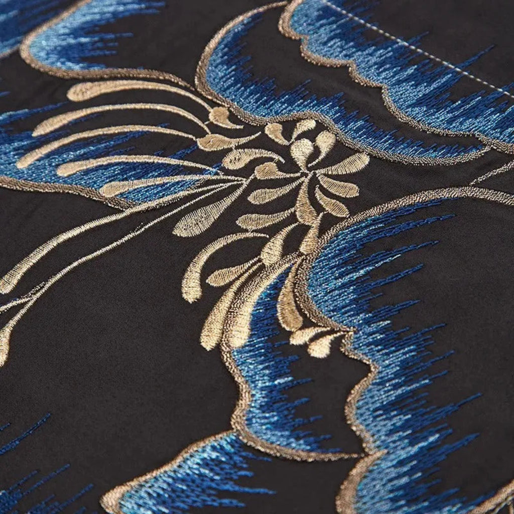 Contemporary bedroom featuring black & ivory bedding with luxury blue gold floral embroidery, Egyptian cotton duvet cover set – LINKORI Luxeflower