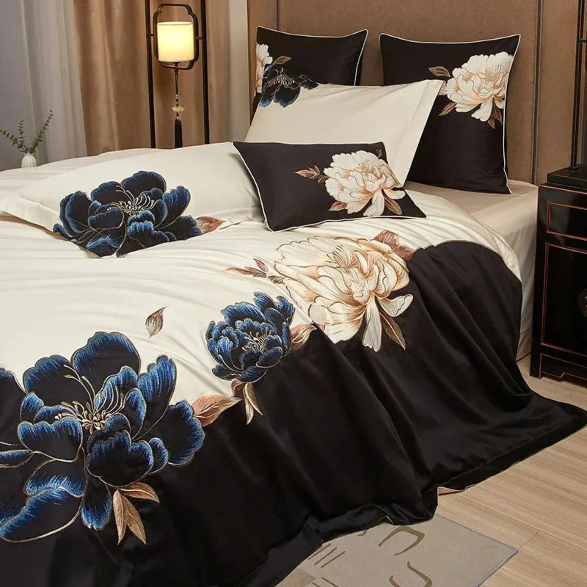 Luxury floral embroidery bedding in black & ivory with shimmering blue and gold blooms, Egyptian cotton duvet cover set – LINKORI Luxeflower