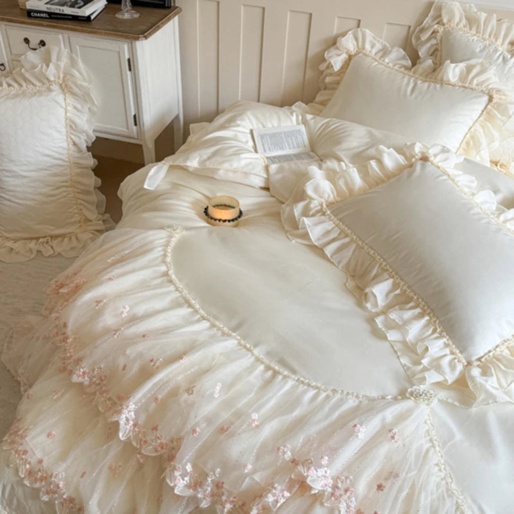 Pink-floral lace bedding with ruffle pillow shams — 100% cotton 600TC —cottagecore bedroom