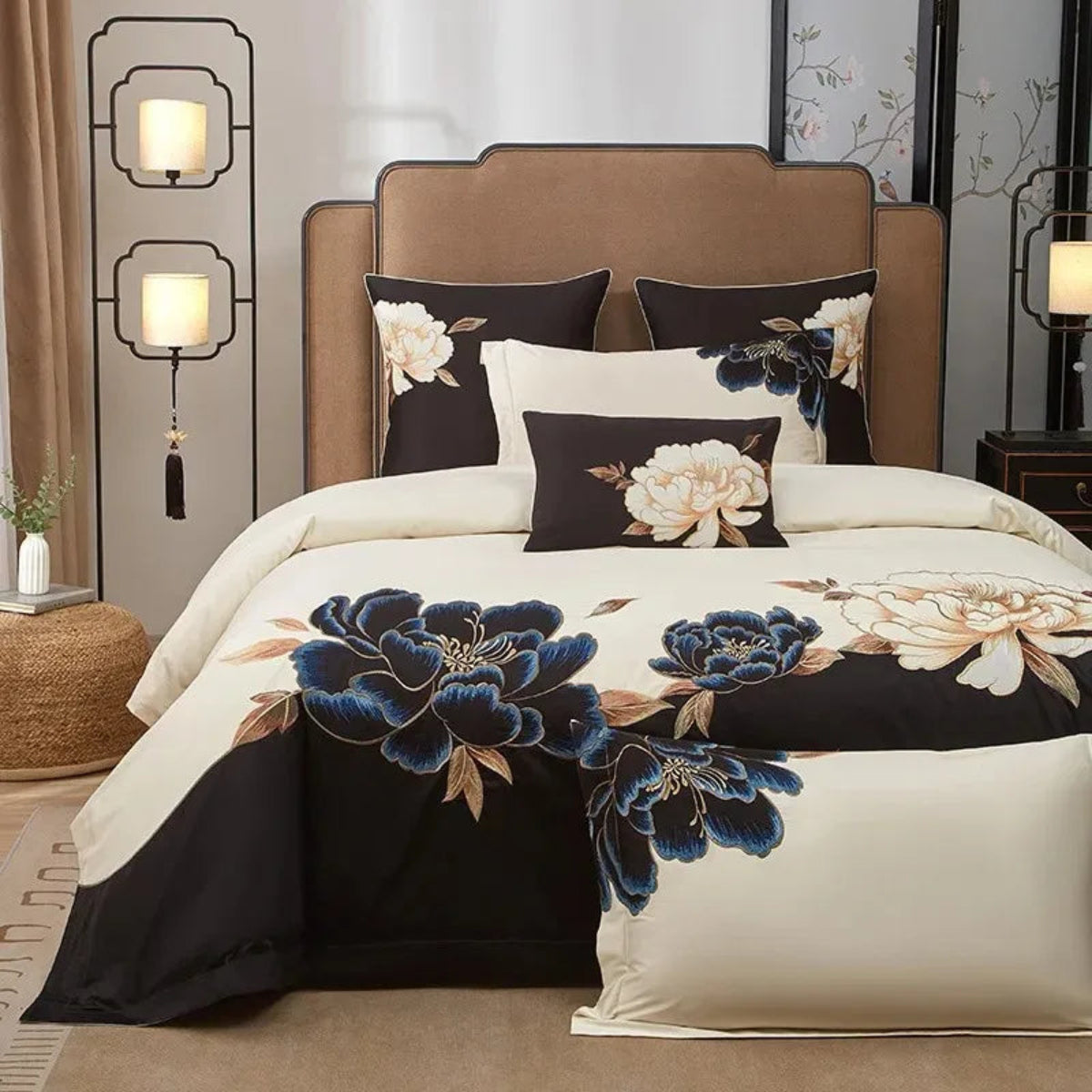 Black & ivory Egyptian cotton bedding with artistic blue & gold floral embroidery, quiet luxury 4-piece duvet cover set – LINKORI Luxeflower