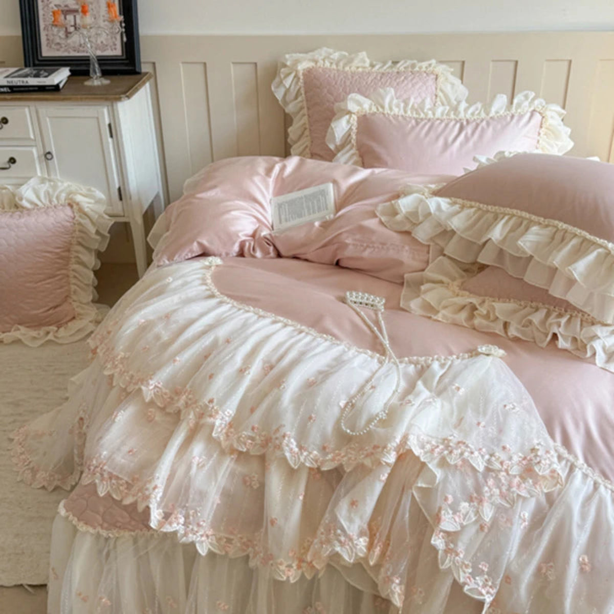 Lace duvet cover close-up — ruffles, pink floral embroidery, pearl applique — 100% cotton 600TC — modern bedroom