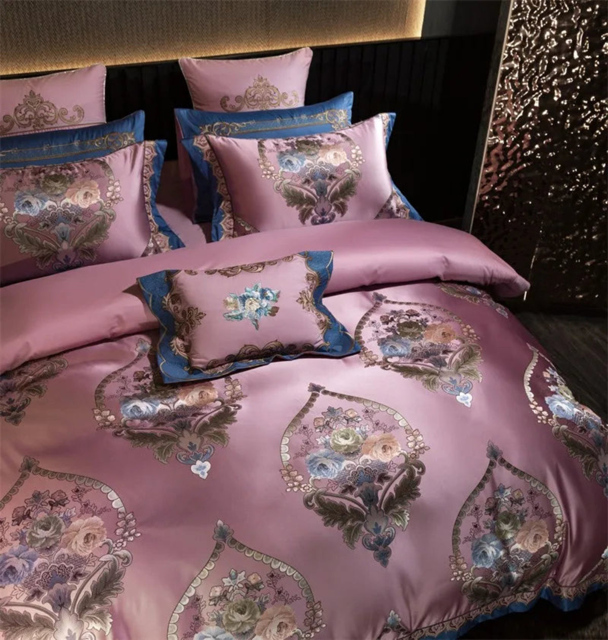 Premium pink baroque medallion satin bedding Egyptian cotton quilted bedspread royal set