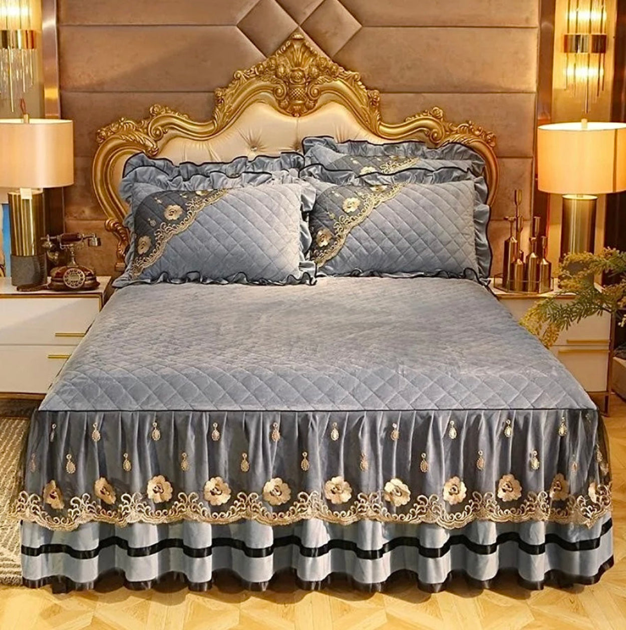 Silver grey velvet duvet cover with cascading ruffles and gold embroidery, contemporary bedroom decor