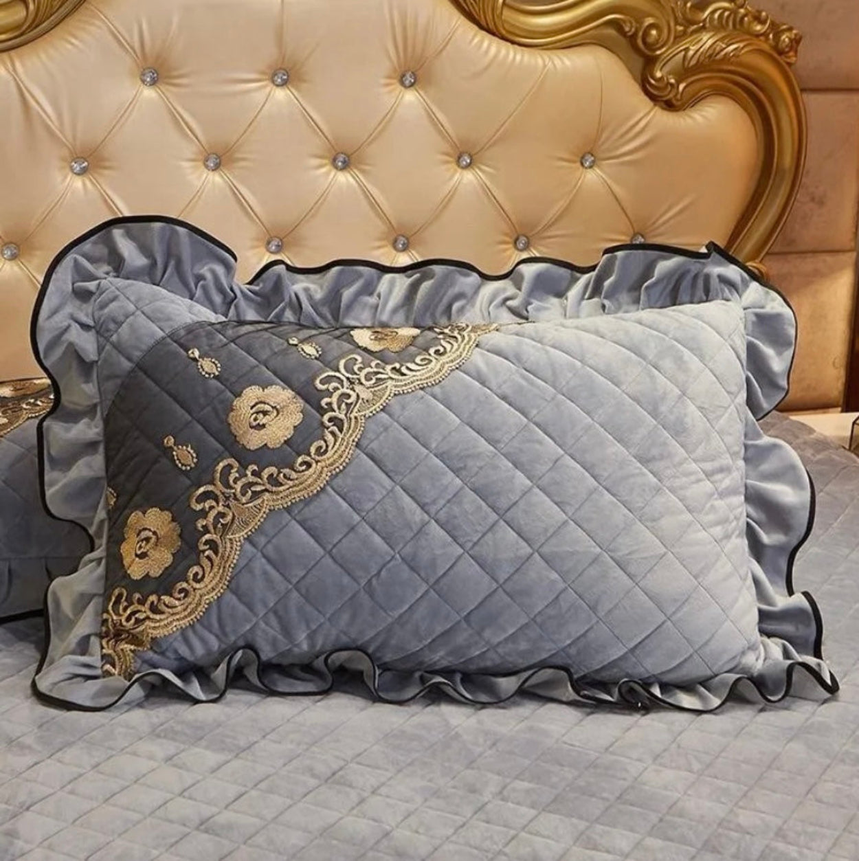 Luxury fleece velvet silver grey bedding with golden floral embroidered design for sophisticated interiors