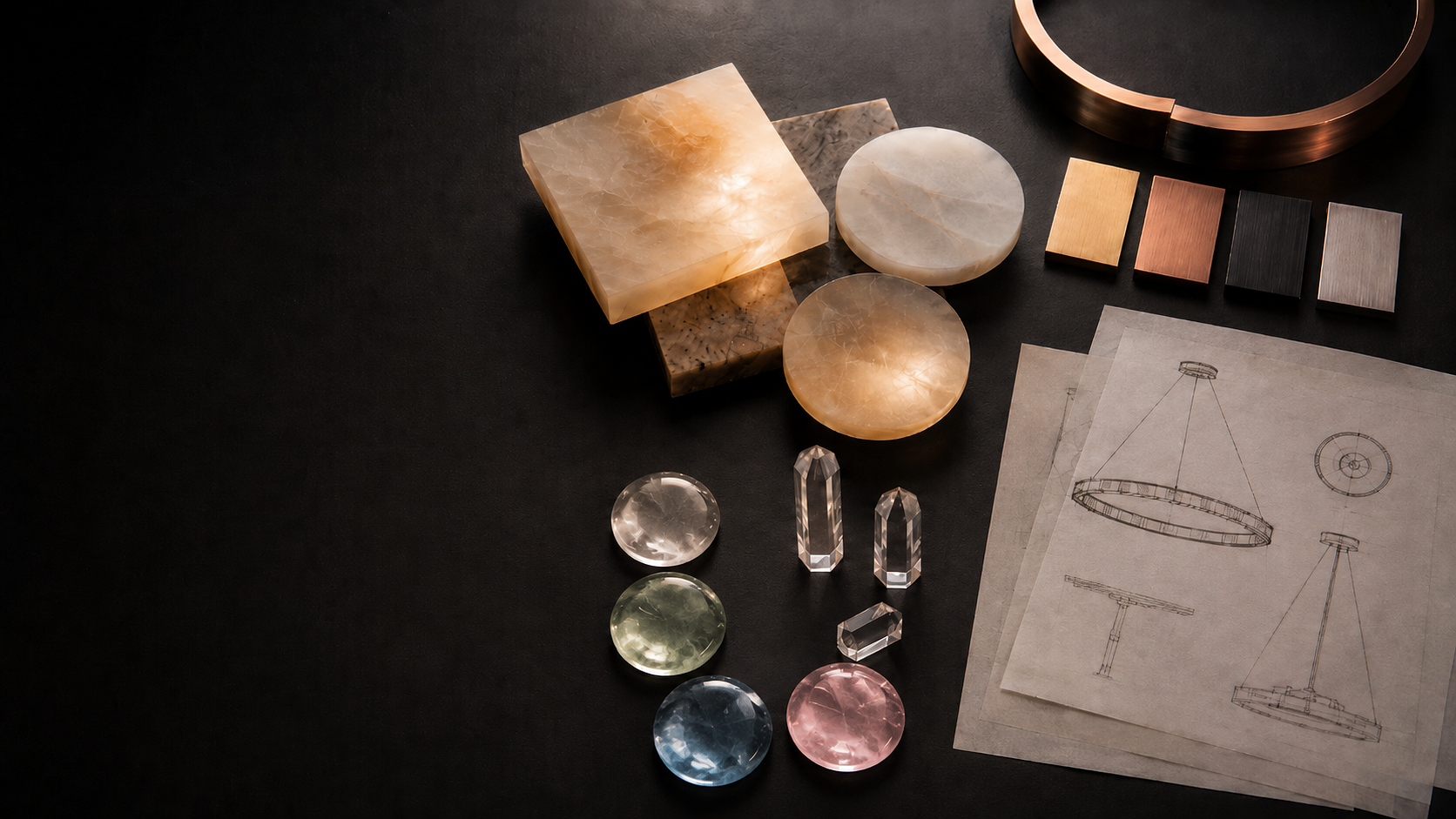Luxury lighting materials and design details including alabaster, crystal, Murano-style glass, metal finishes, and chandelier sketches.