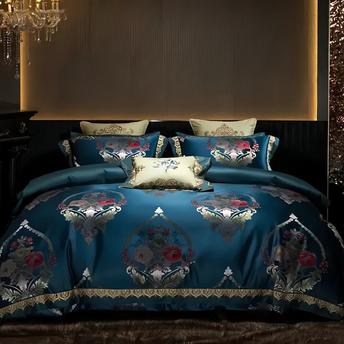 Teal-Blue Baroque Floral Medallion Satin Jacquard Duvet Cover Set For Classic Bedroom