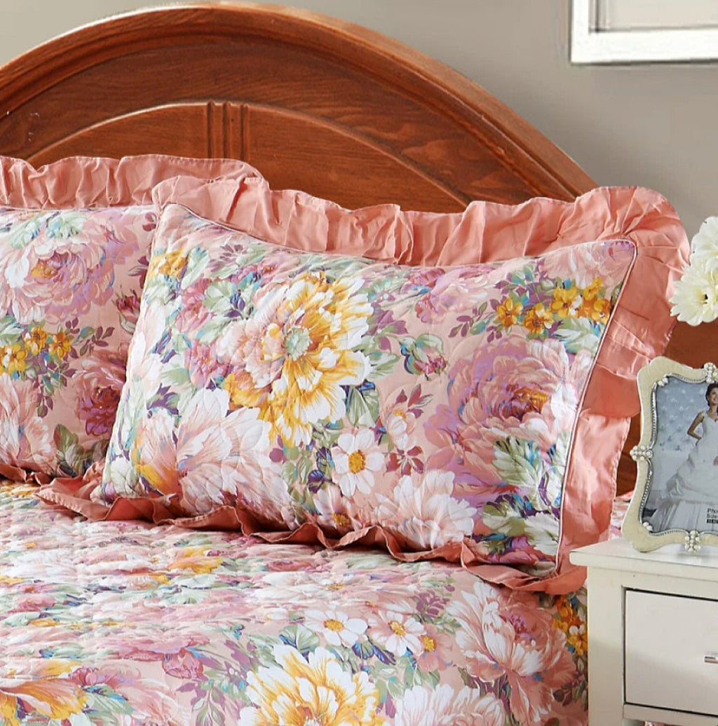Romantic floral bedding with peach & coral rose print, vintage ruffled duvet cover set in cotton – LINKORI Rosacoral