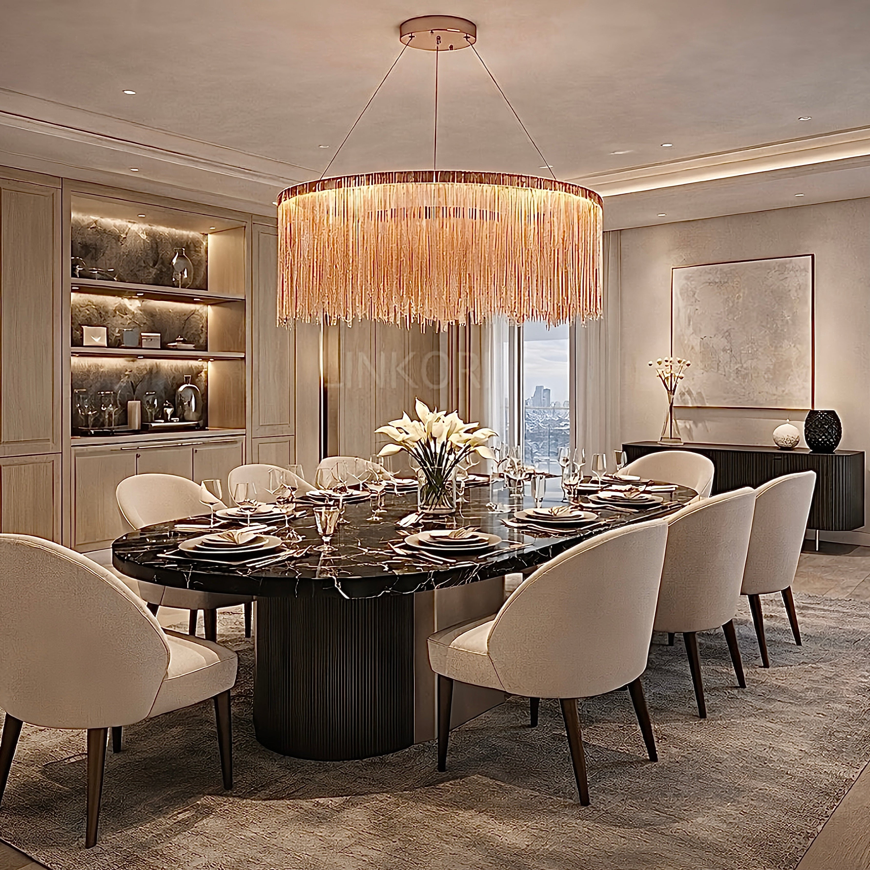 rose gold fringe chandelier modern luxury ceiling light dining room LINKORI YNSELL R.S