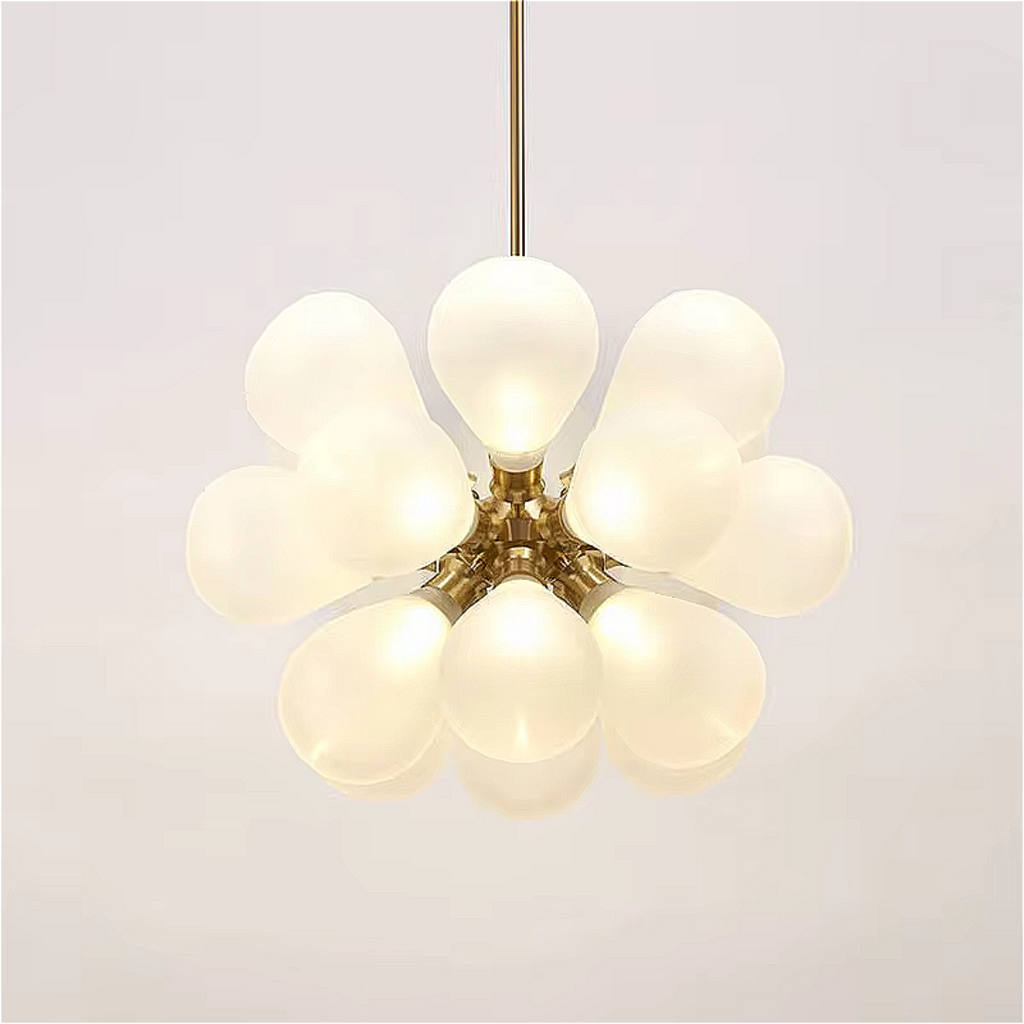 Close-up of LINKORI FLOBUB chandelier in white – minimalist modern bubble design with elegant glow
