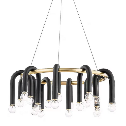 Sculptural black and gold chandelier with curved LED arms and exposed bulbs – LINKORI PRHEAL modern artistic pendant light