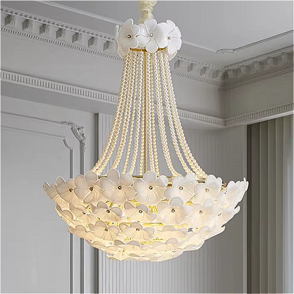 Artistic white floral chandelier with sculptural glass petals and pearl-like strands – luxury pendant light for wedding halls, dining rooms & elegant foyers
