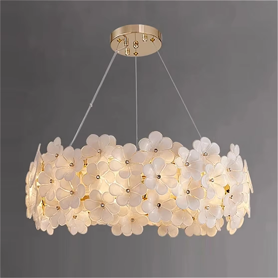 White floral glass chandelier with sculptural petals and soft gold frame – artistic statement pendant for bedroom and dining room | BLOSSORA.S by LINKORI