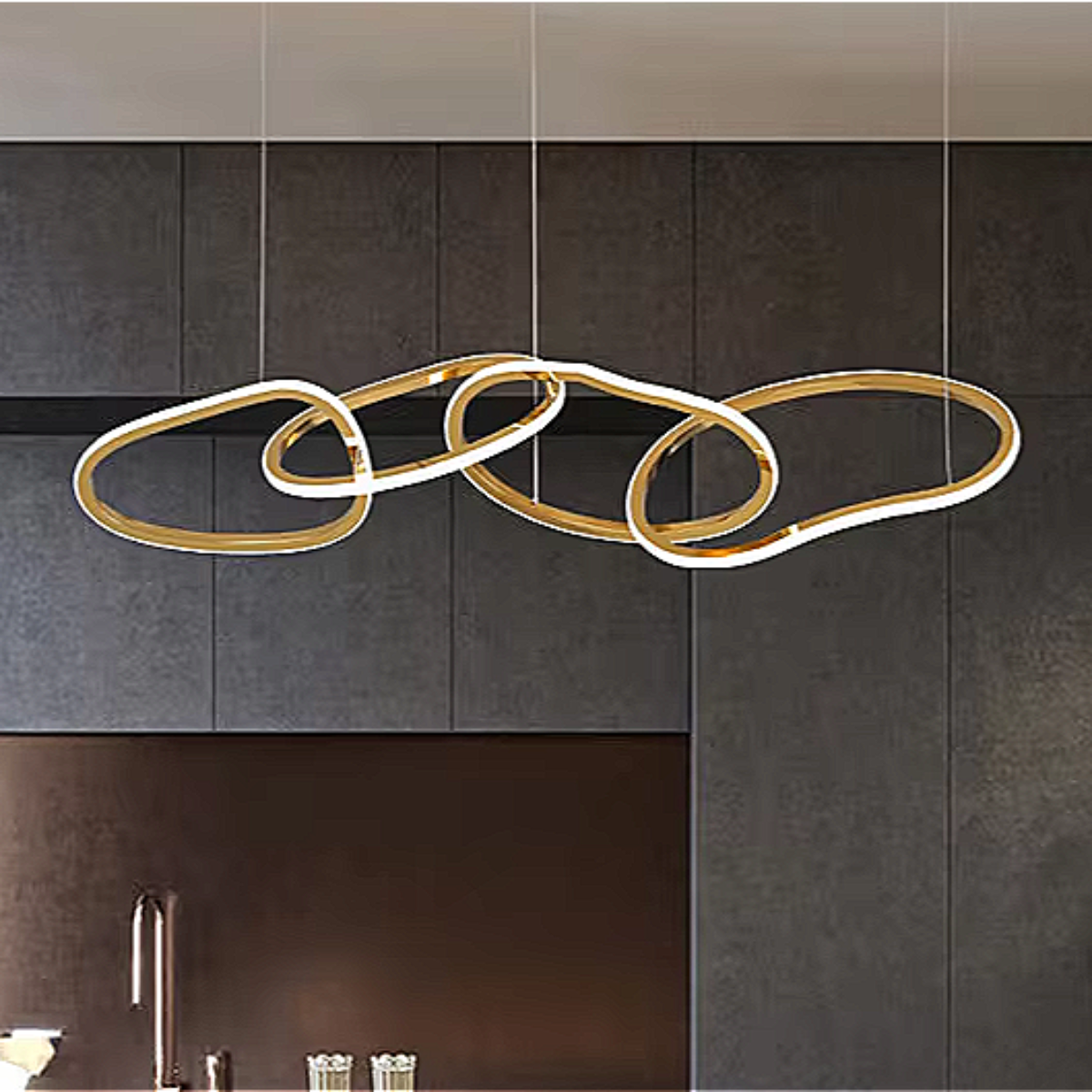 Gold LED Chandelier – Artistic 4-Ring Statement Chandelier for Contemporary Dining Room and Kitchen Island