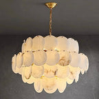 Spain alabaster disc chandelier for double-height foyer, 4-tier statement, gold copper frame — LINKORI RODDLE