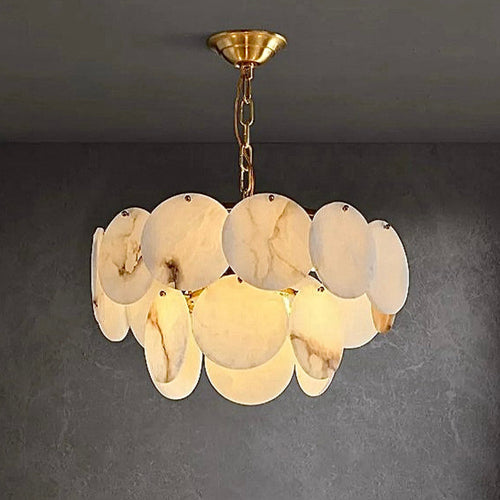 Modern 2-tier alabaster disc chandelier with gold finish and warm ambient lighting for contemporary luxury spaces | LINKORI RODDLE