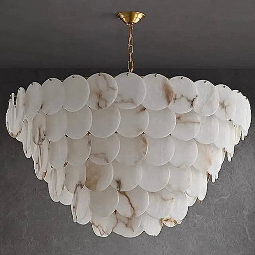 Luxury 6-tier alabaster chandelier with hand-carved natural stone discs and warm ambient glow for modern architectural interiors | LINKORI RODDLE