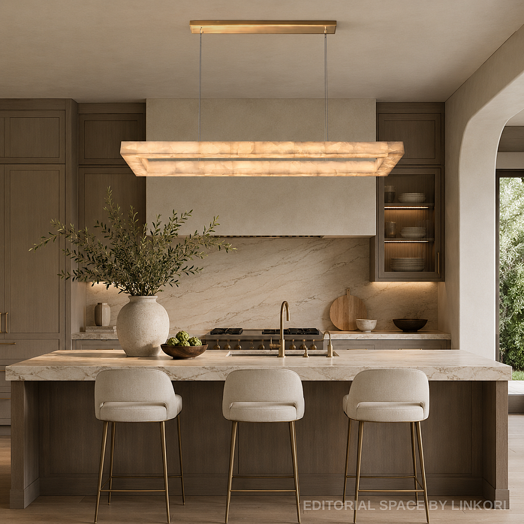 Spanish alabaster linear chandelier with a brass canopy above a quartzite island in a luxury dark wood kitchen – LINKORI BASPEAQ