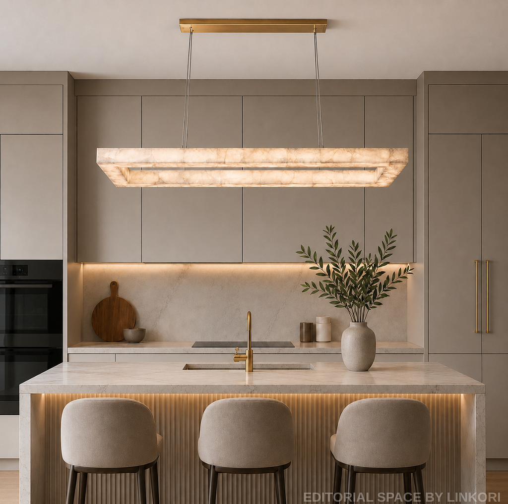 Kitchen island with a rectangular Spanish alabaster linear chandelier, brass canopy, and warm LED glow in a modern taupe kitchen – LINKORI BASPEAQ