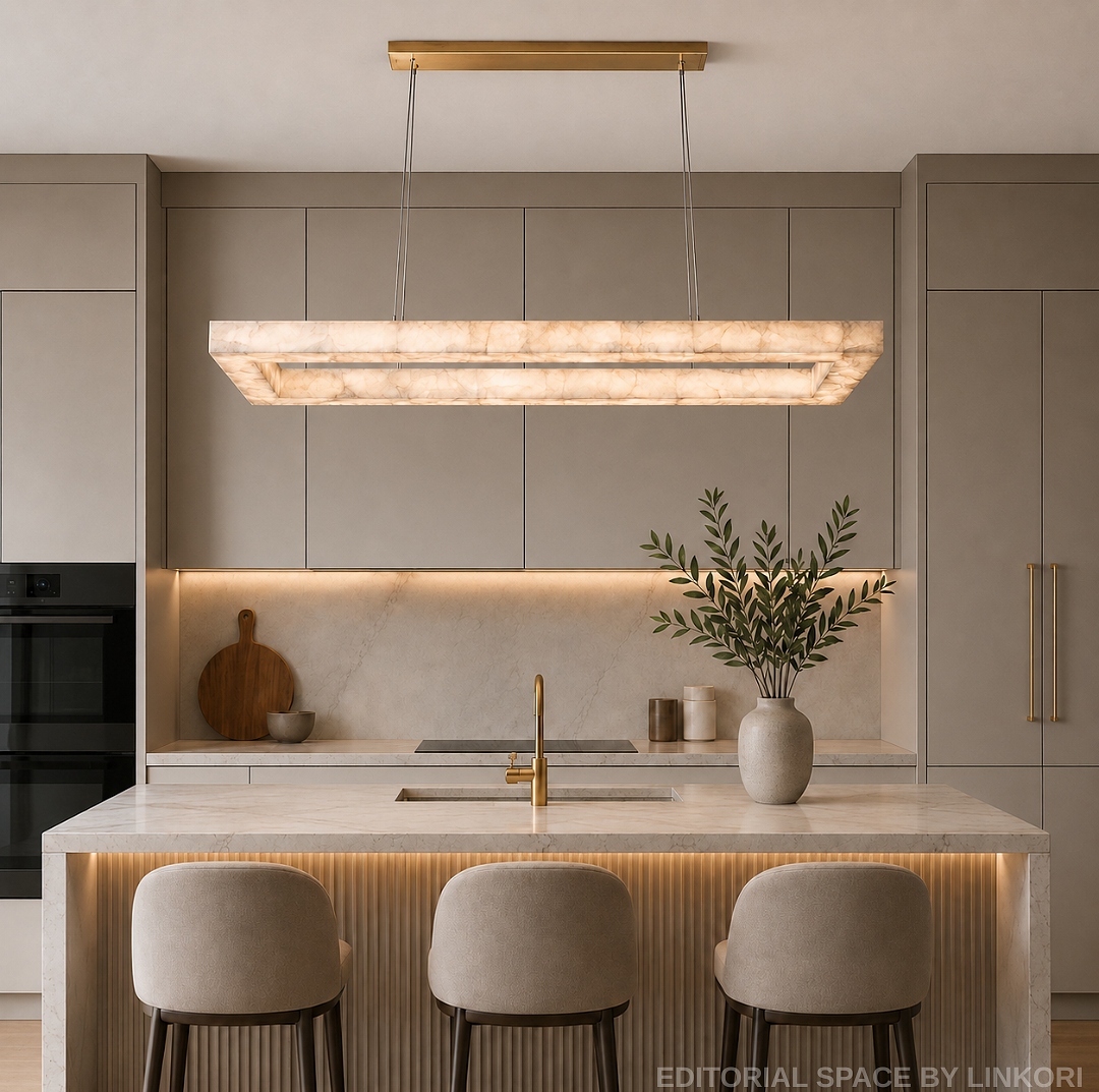 Kitchen island with a rectangular Spanish alabaster linear chandelier, brass canopy, and warm LED glow in a modern taupe kitchen – LINKORI BASPEAQ