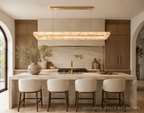 Spanish alabaster linear chandelier above a natural stone kitchen island in a warm organic modern kitchen – LINKORI BASPEAQ