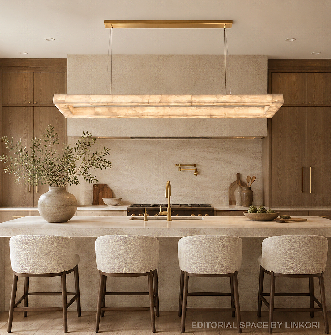 Spanish alabaster rectangular chandelier above a natural stone kitchen island in a warm organic modern kitchen – LINKORI BASPEAQ