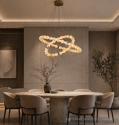 Luxury dining room featuring 2 tier orb halo chandelier with natural alabaster lighting and contemporary architectural design – Spatial Direction Curated by LINKORI