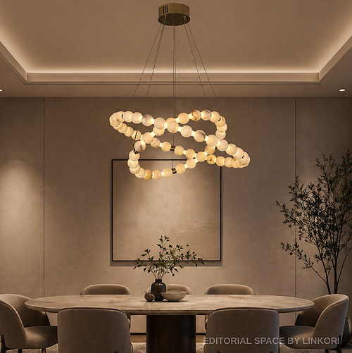 Contemporary luxury dining interior with alabaster ring chandelier and warm atmospheric lighting design – Spatial Direction Curated by LINKORI