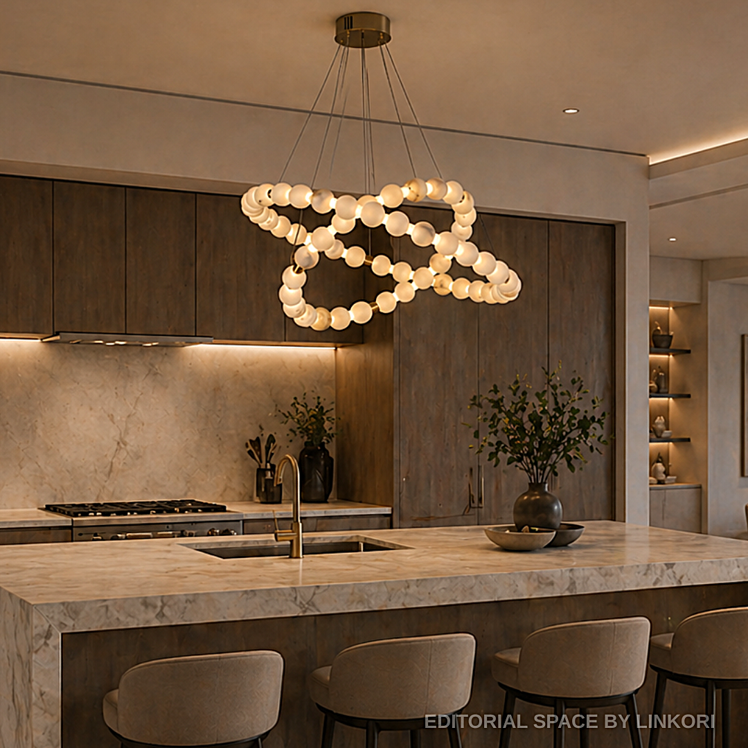 Open-concept luxury kitchen featuring sculptural orb halo chandelier and natural alabaster ambient illumination – Spatial Direction Curated by LINKORI