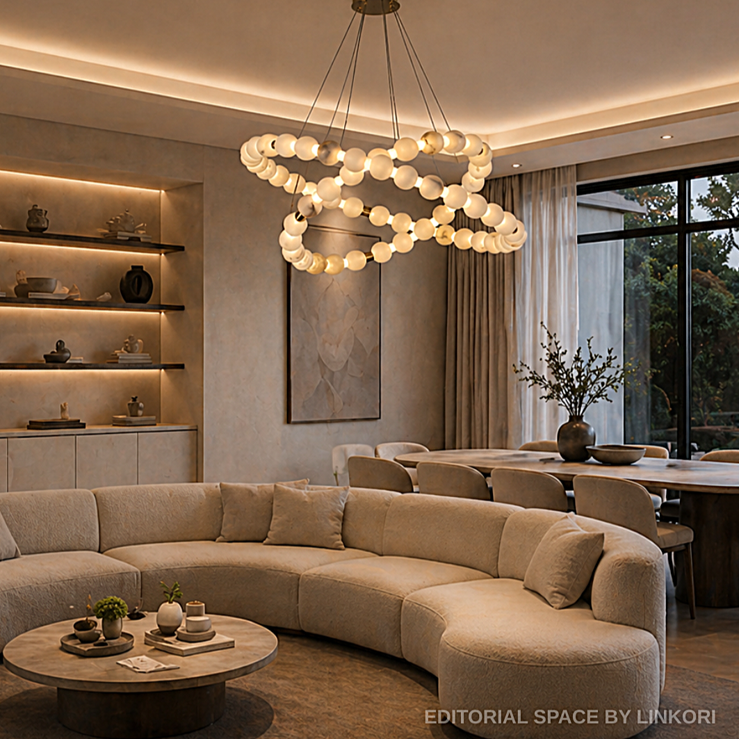 Modern open-concept interior with curved sectional sofa and layered orb halo chandelier lighting – Spatial Direction Curated by LINKORI