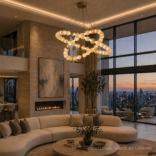 Modern high-ceiling penthouse interior featuring orb halo chandelier with warm open-concept ambient lighting – Spatial Direction Curated by LINKORI