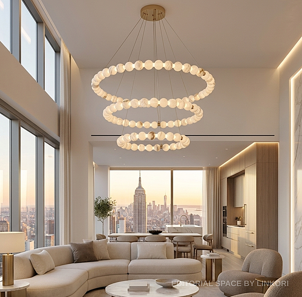 3-tier Spanish alabaster orb ring chandelier in high-ceiling penthouse — 
natural stone rings on brushed gold frame, soft translucent glow | LINKORI AURELIA