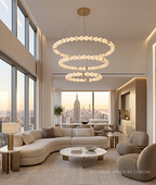 alabaster orb chandelier in NYC penthouse living room — 
floor-to-ceiling windows, Empire State Building view, organic modern luxury lighting | LINKORI AURELIA