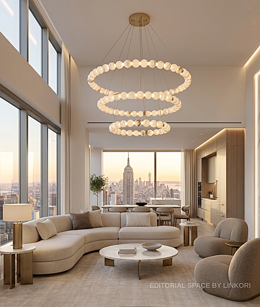 alabaster orb chandelier in NYC penthouse living room — 
floor-to-ceiling windows, Empire State Building view, organic modern luxury lighting | LINKORI AURELIA