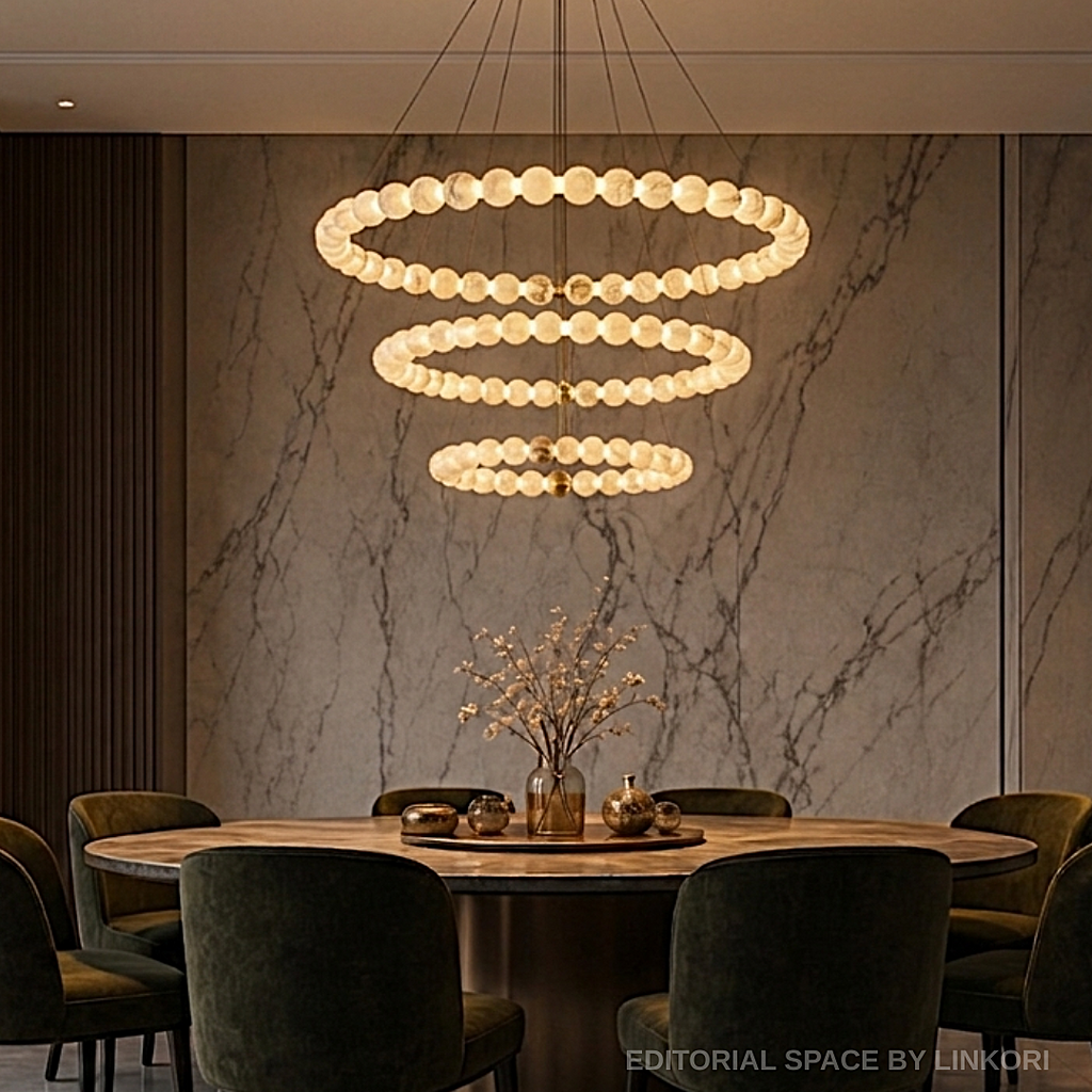 Natural Spanish alabaster orb chandelier close-up — handcrafted stone veining 
glowing warm against dark marble wall | LINKORI AURELIA luxury dining chandelier