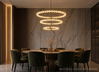 3-tier alabaster orb ring chandelier over round dining table 
in dark marble luxury dining room — warm sculptural glow, brushed gold frame | LINKORI AURELIA