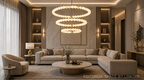 alabaster 3-tier ring chandelier illuminating modern luxury 
living room with built-in shelving and large sectional — high ceiling statement light | LINKORI AURELIA