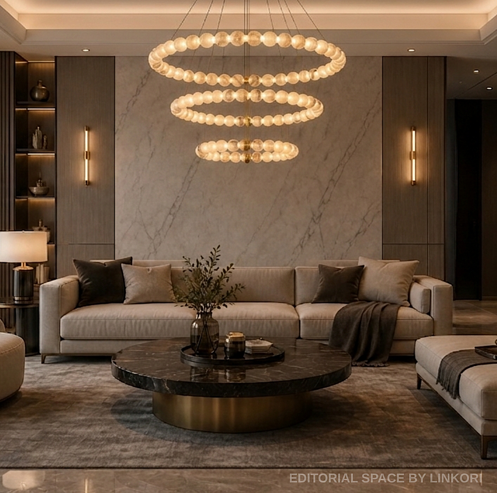 Handcrafted alabaster orb ring chandelier detail — natural stone texture, 
warm white glow, brushed gold frame | LINKORI AURELIA modern luxury chandelier
