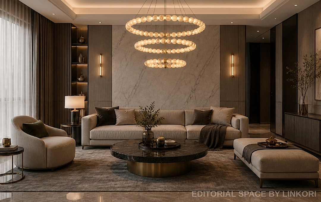 3-tier alabaster chandelier as centerpiece in moody modern 
luxury living room — marble accent wall, high ceiling, warm stone glow | LINKORI AURELIA