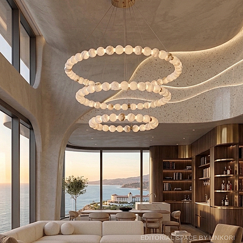 Natural alabaster orb chandelier glowing at sunset — handcrafted stone spheres 
on brushed gold rings, coastal luxury interior | LINKORI AURELIA large chandelier
