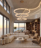 LINKORI AURELIA 3-tier alabaster ring chandelier in organic modern coastal 
penthouse — curved sculptural ceiling, ocean sunset view, warm ambient lighting