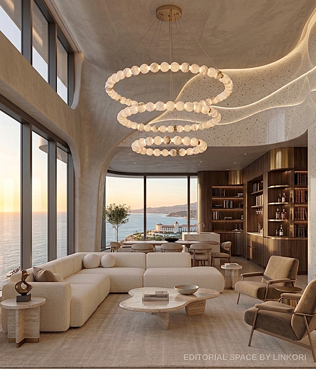LINKORI AURELIA 3-tier alabaster ring chandelier in organic modern coastal 
penthouse — curved sculptural ceiling, ocean sunset view, warm ambient lighting