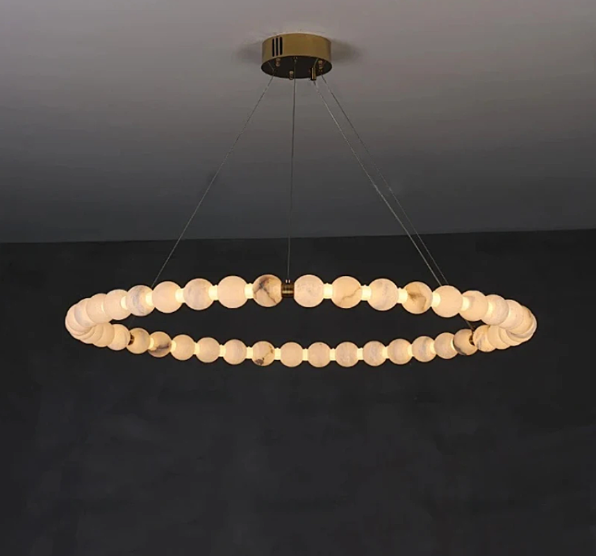 Alabaster Bead Ring Chandelier 39 Inch (100cm) – Large Organic Modern Orb Halo Pendant Light Brushed Gold | LINKORI AURELIA
